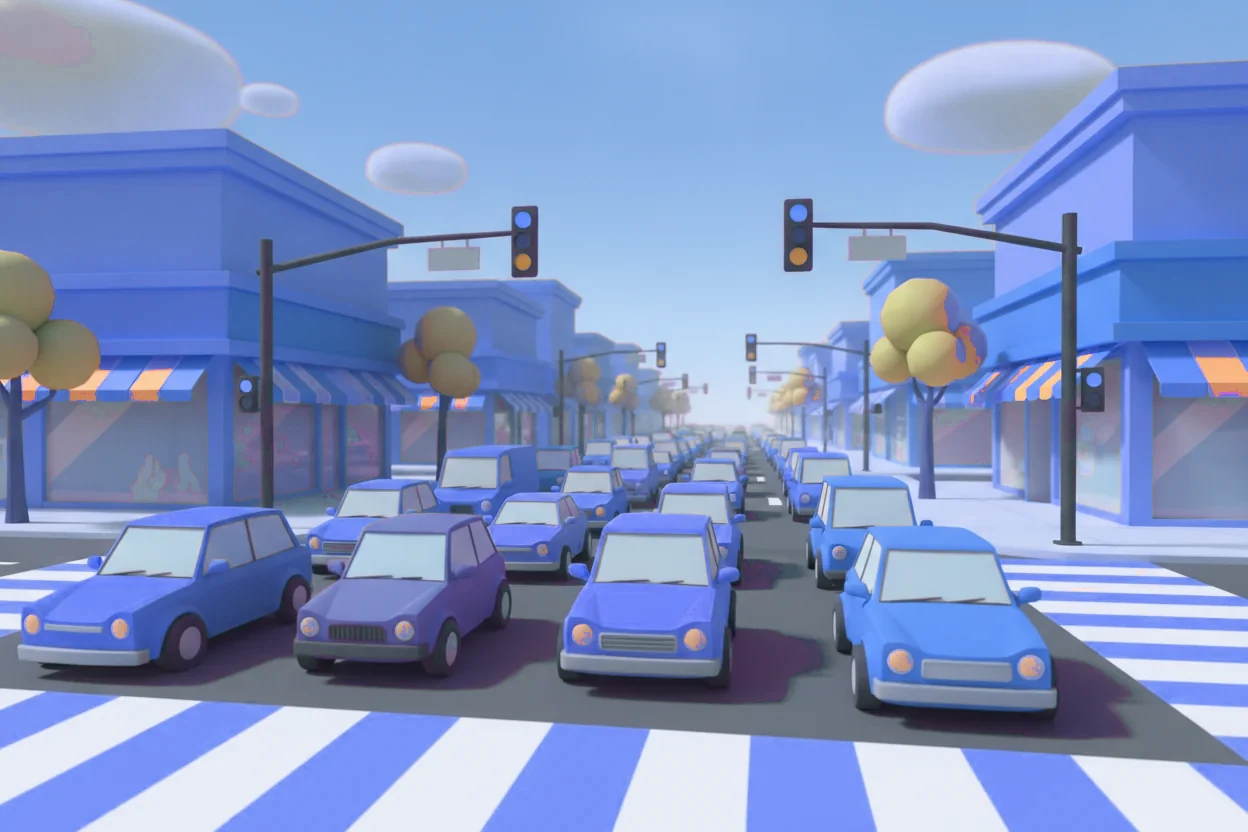 Concept art of a bright, busy downtown intersection with colorful stylized cars