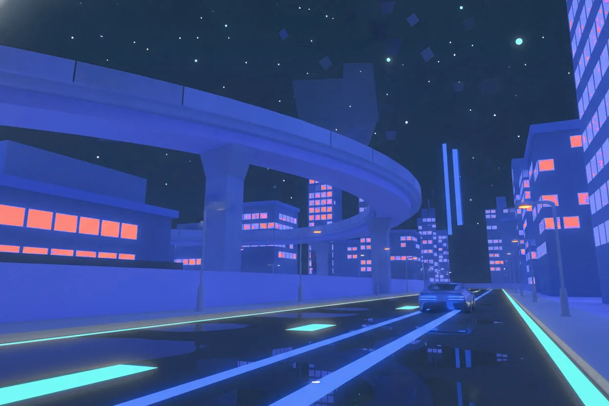 Concept art of neon-lit streets at night with blue light trails