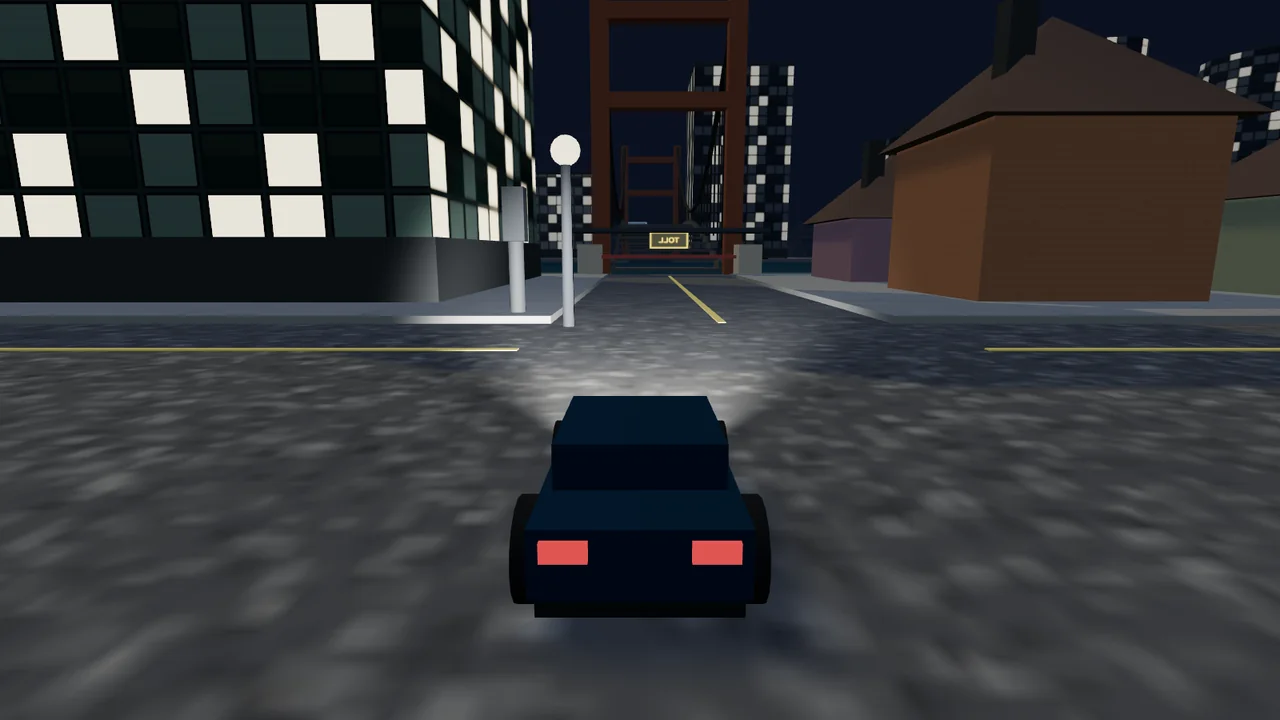 Night cruising downtown with headlights glowing on the road