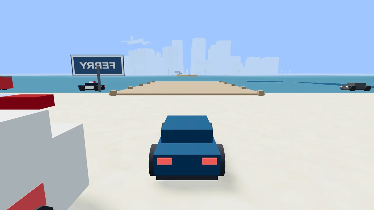 The beachfront and ferry with the city skyline across the water
