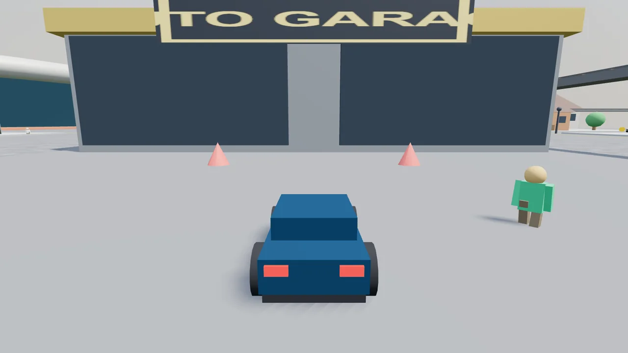 Pulling up to the garage as a pedestrian walks by